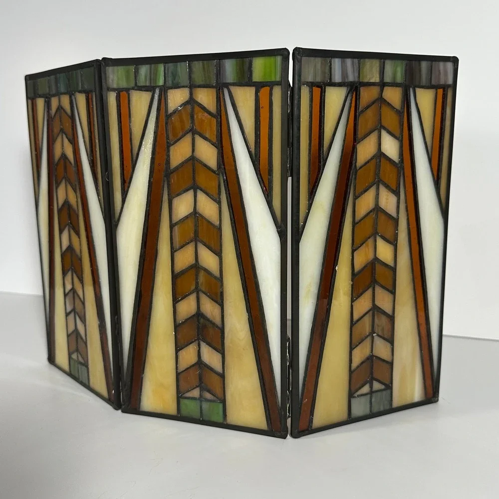 PARTYLITE THREE PANEL STAINED GLASS VOTIVE FRANK LLOYD WRIGHT PRARIE CRAFTSMAN